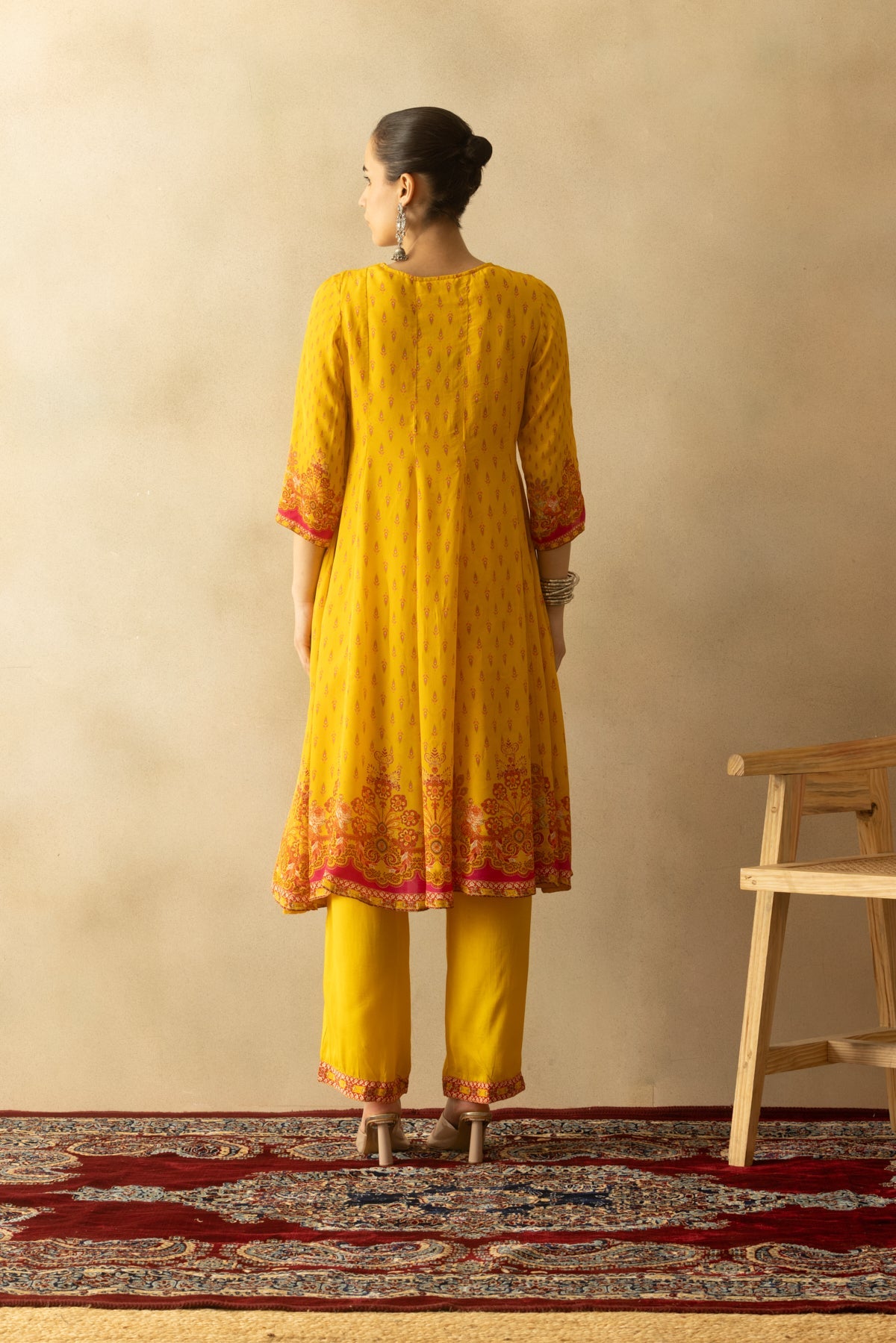 Yellow Flared Printed Kurta 3 Pcs Set