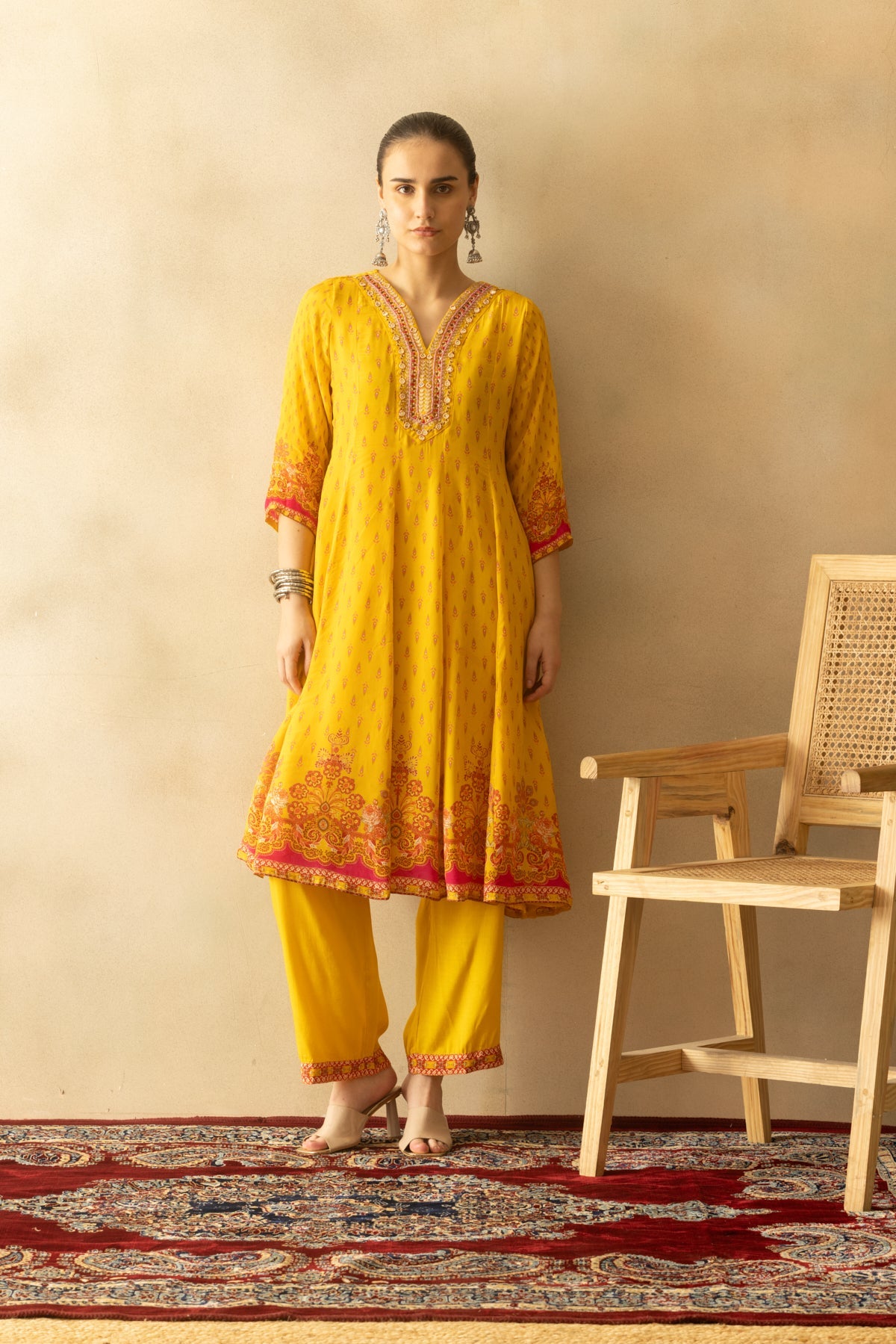 Yellow Flared Printed Kurta 3 Pcs Set
