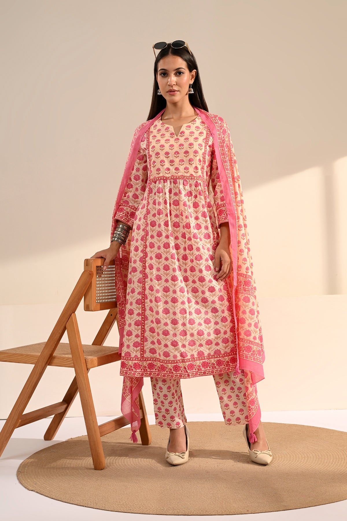 Cream Sanganeri Printed A-Line Kurta Set