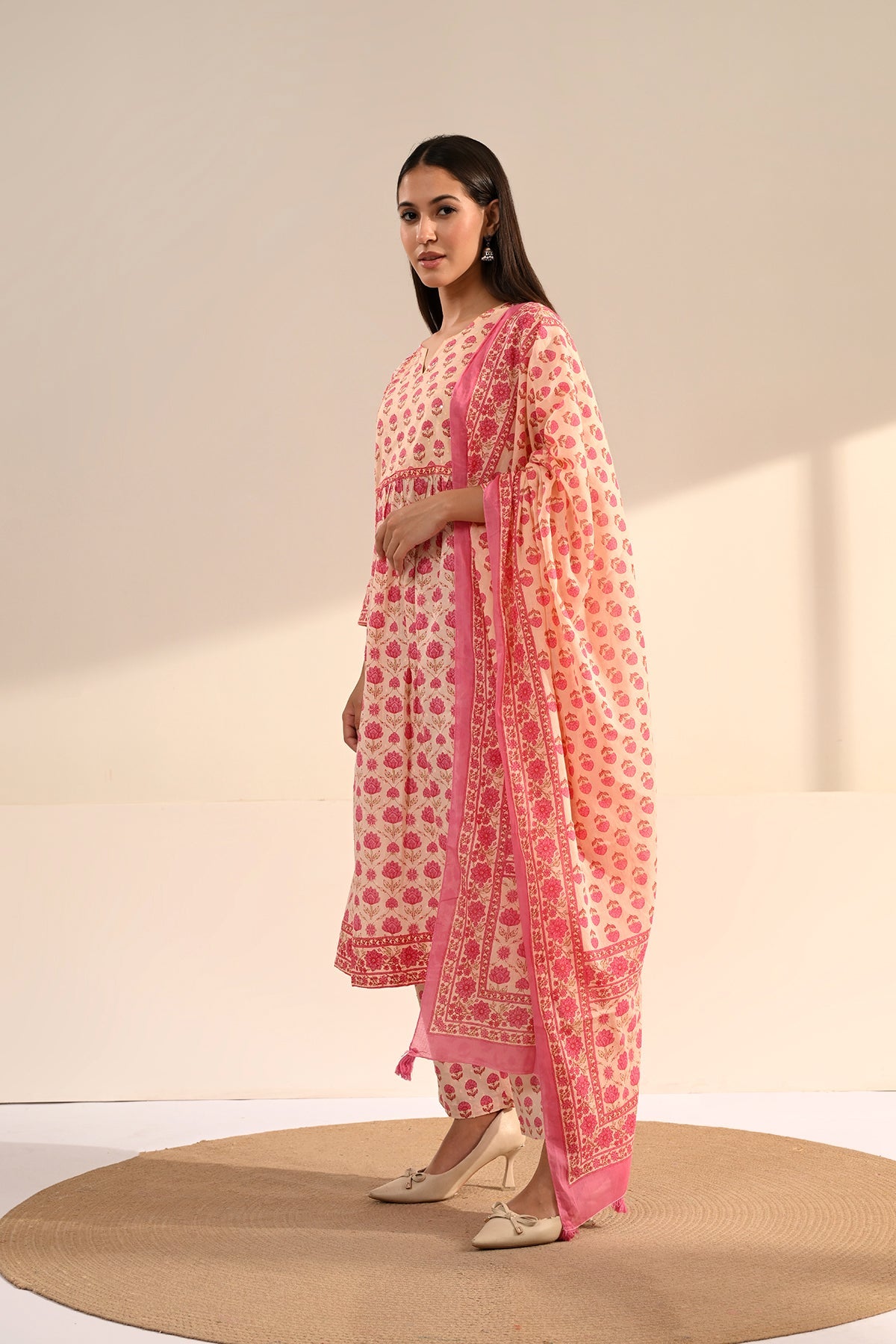 Cream Sanganeri Printed A-Line Kurta Set