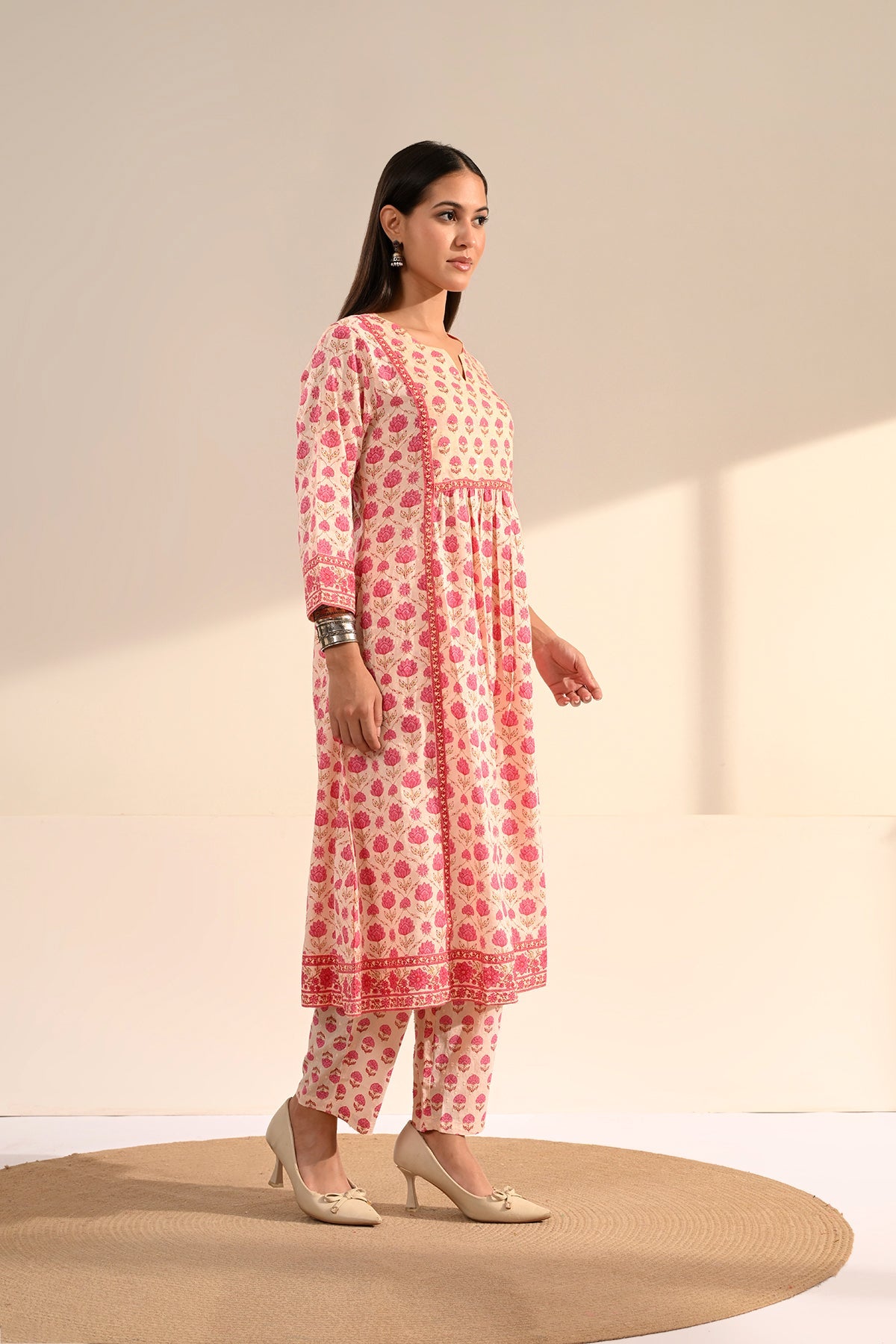 Cream Sanganeri Printed A-Line Kurta Set