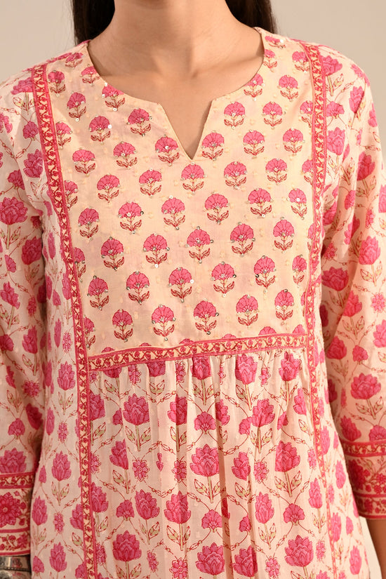 Cream Sanganeri Printed A-Line Kurta Set