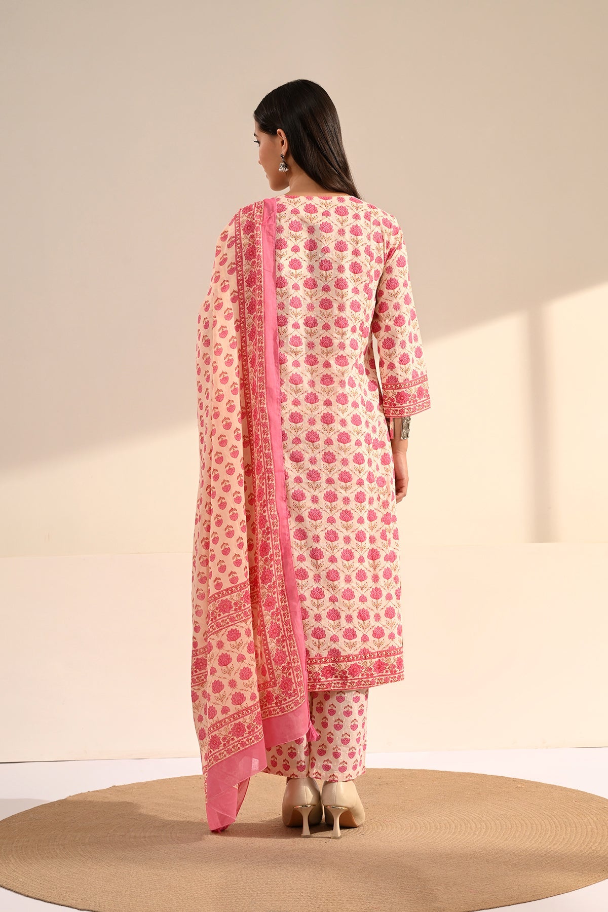 Cream Sanganeri Printed A-Line Kurta Set