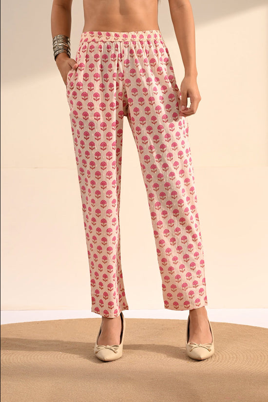 Cream Sanganeri Printed A-Line Kurta Set