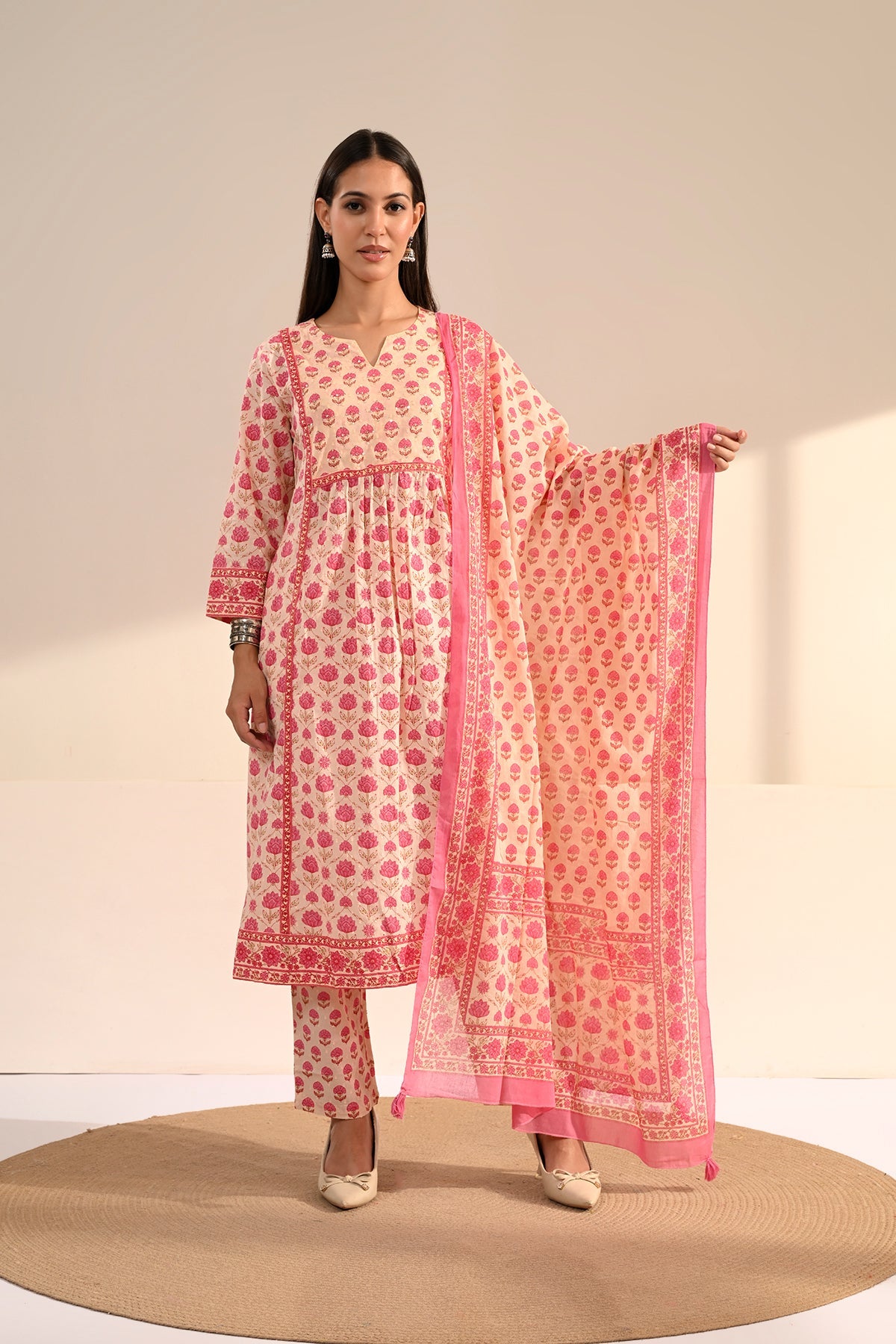 Cream Sanganeri Printed A-Line Kurta Set