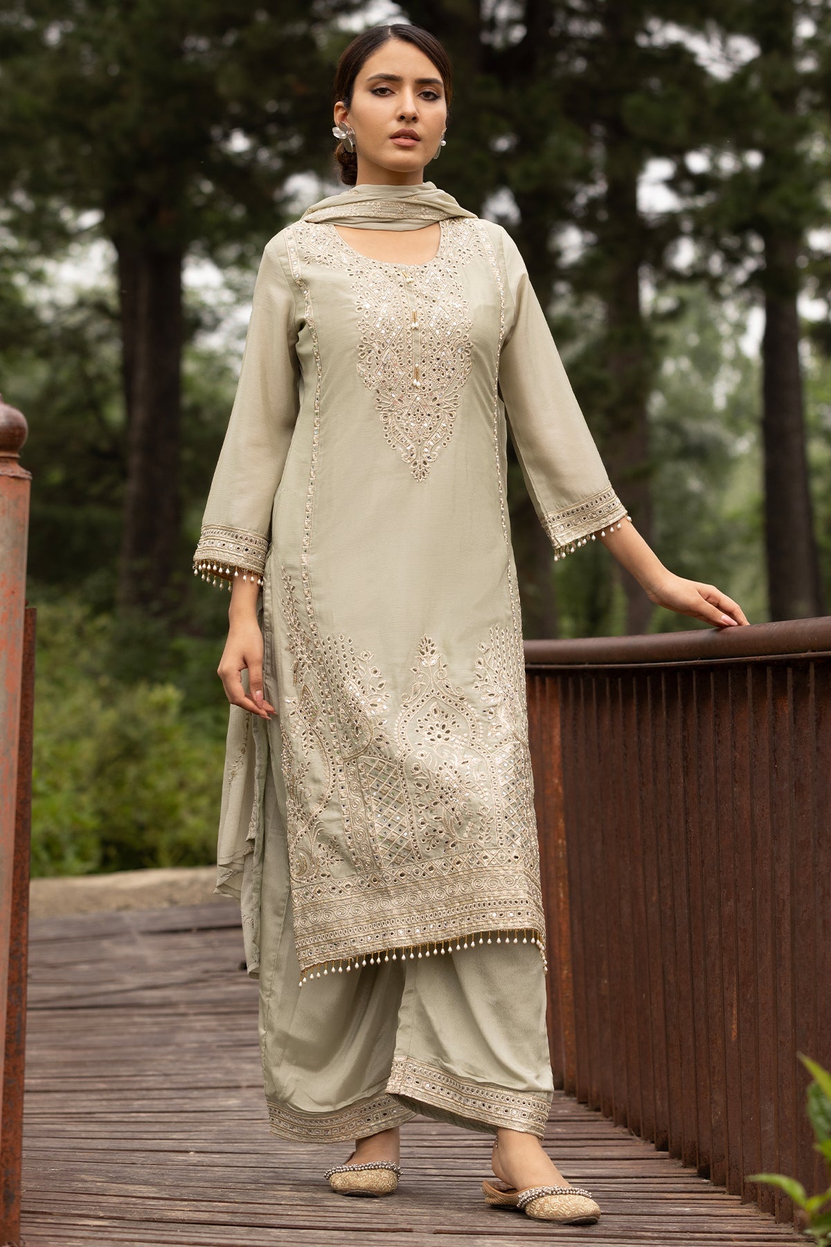 Pista Green Heavy Mirror & Zari Embroidered 3 Pcs Kurta Set