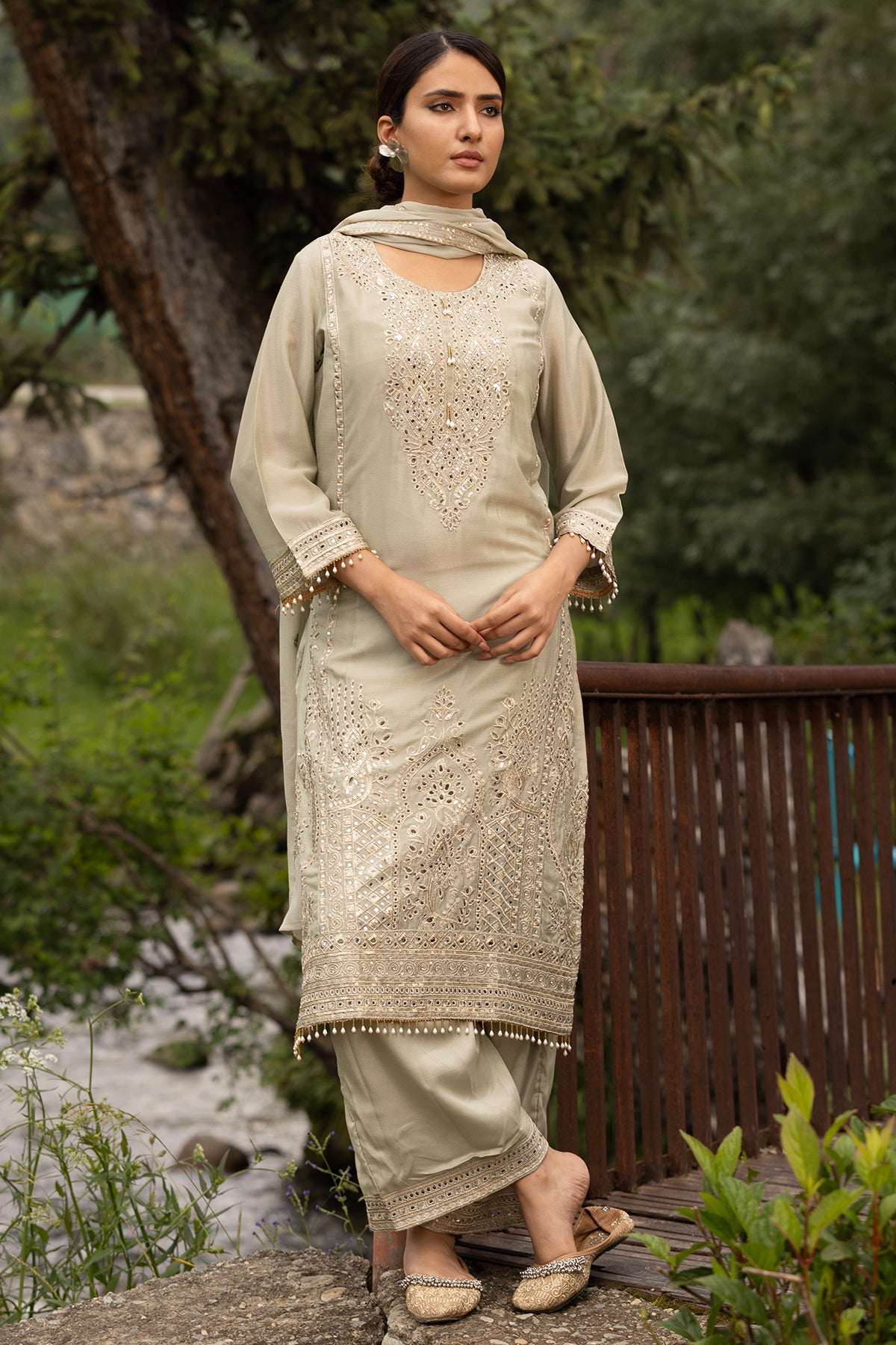 Pista Green Heavy Mirror & Zari Embroidered 3 Pcs Kurta Set