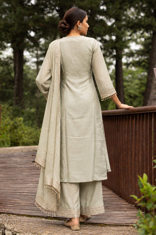 Pista Green Heavy Mirror & Zari Embroidered 3 Pcs Kurta Set