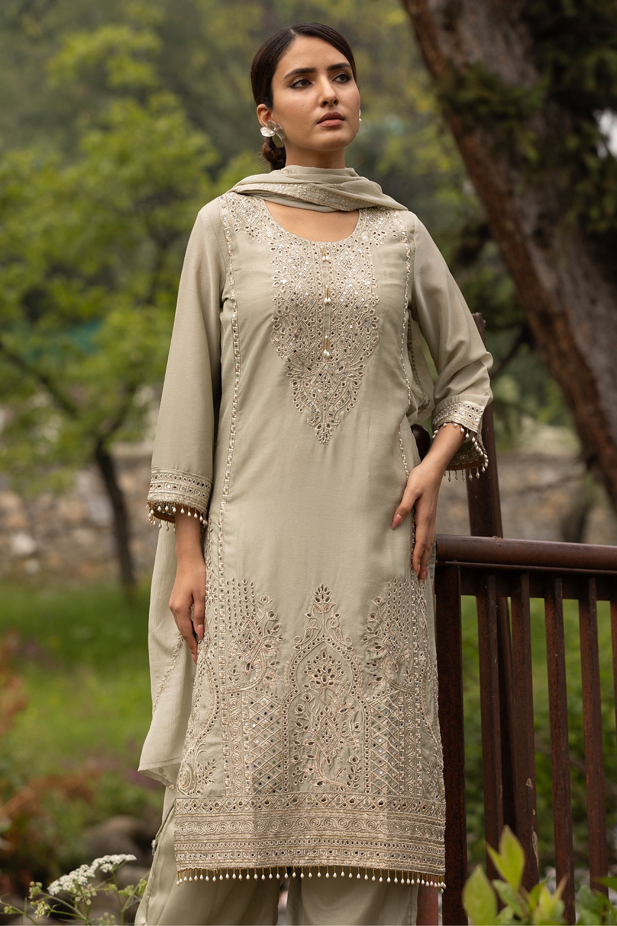 Pista Green Heavy Mirror & Zari Embroidered 3 Pcs Kurta Set