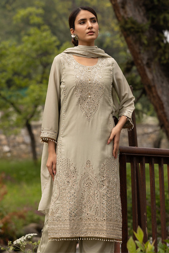 Pista Green Heavy Mirror & Zari Embroidered 3 Pcs Kurta Set
