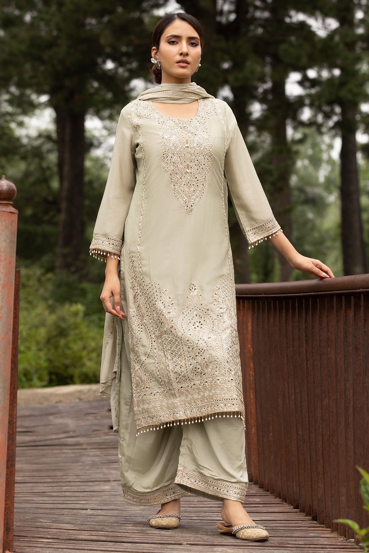 Pista Green Heavy Mirror & Zari Embroidered 3 Pcs Kurta Set