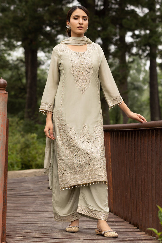 Pista Green Heavy Mirror & Zari Embroidered 3 Pcs Kurta Set