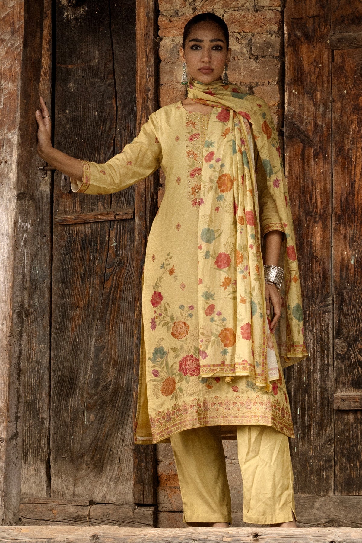 Yellow Embroidered & Floral Print 3 Pcs Kurta Set