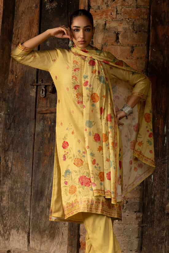 Yellow Embroidered & Floral Print 3 Pcs Kurta Set