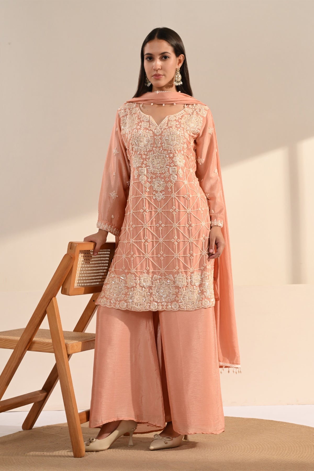 Peach Stone Embellished Chinon 3 Pcs Kurta Set