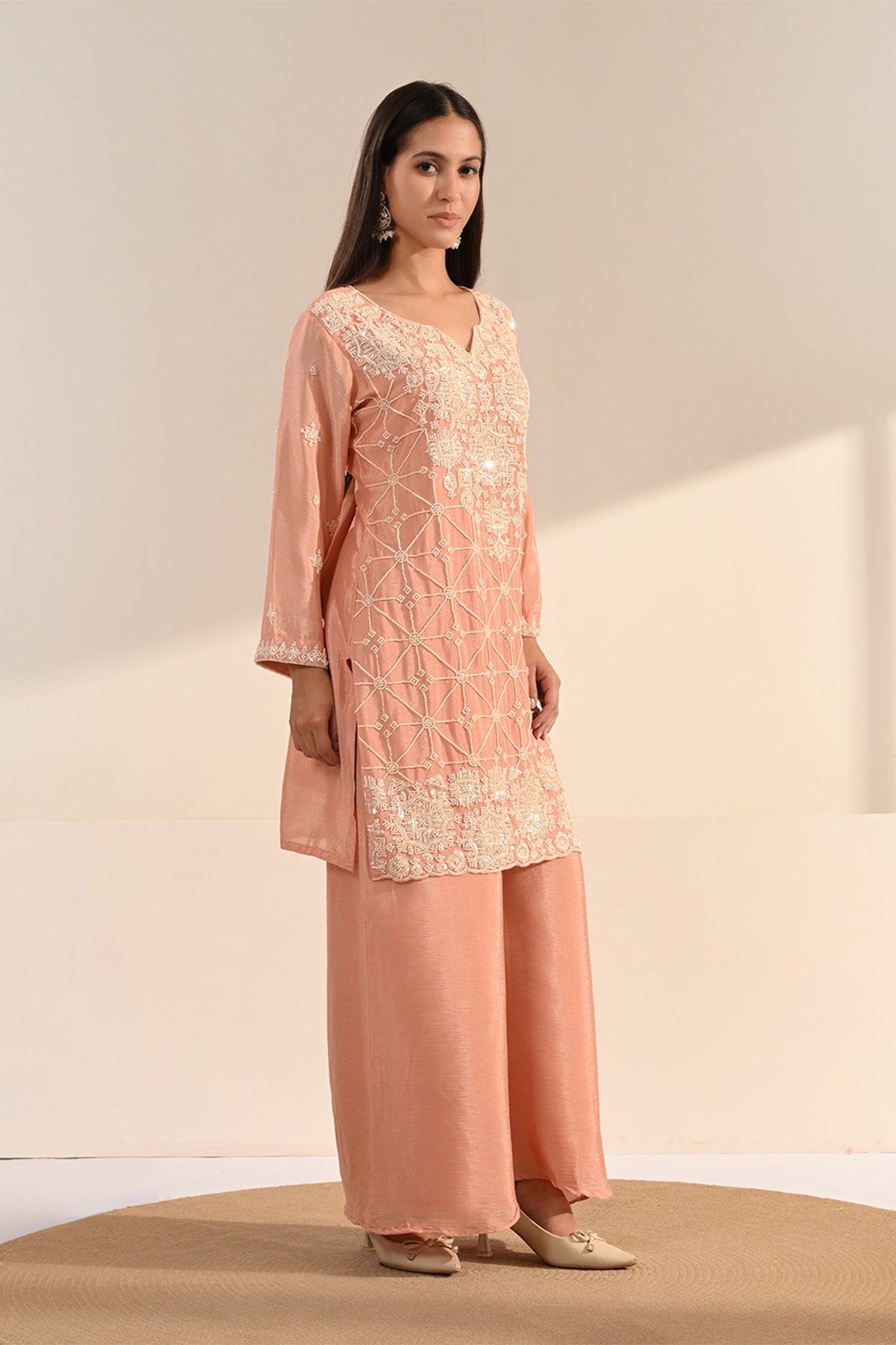 Peach Stone Embellished Chinon 3 Pcs Kurta Set
