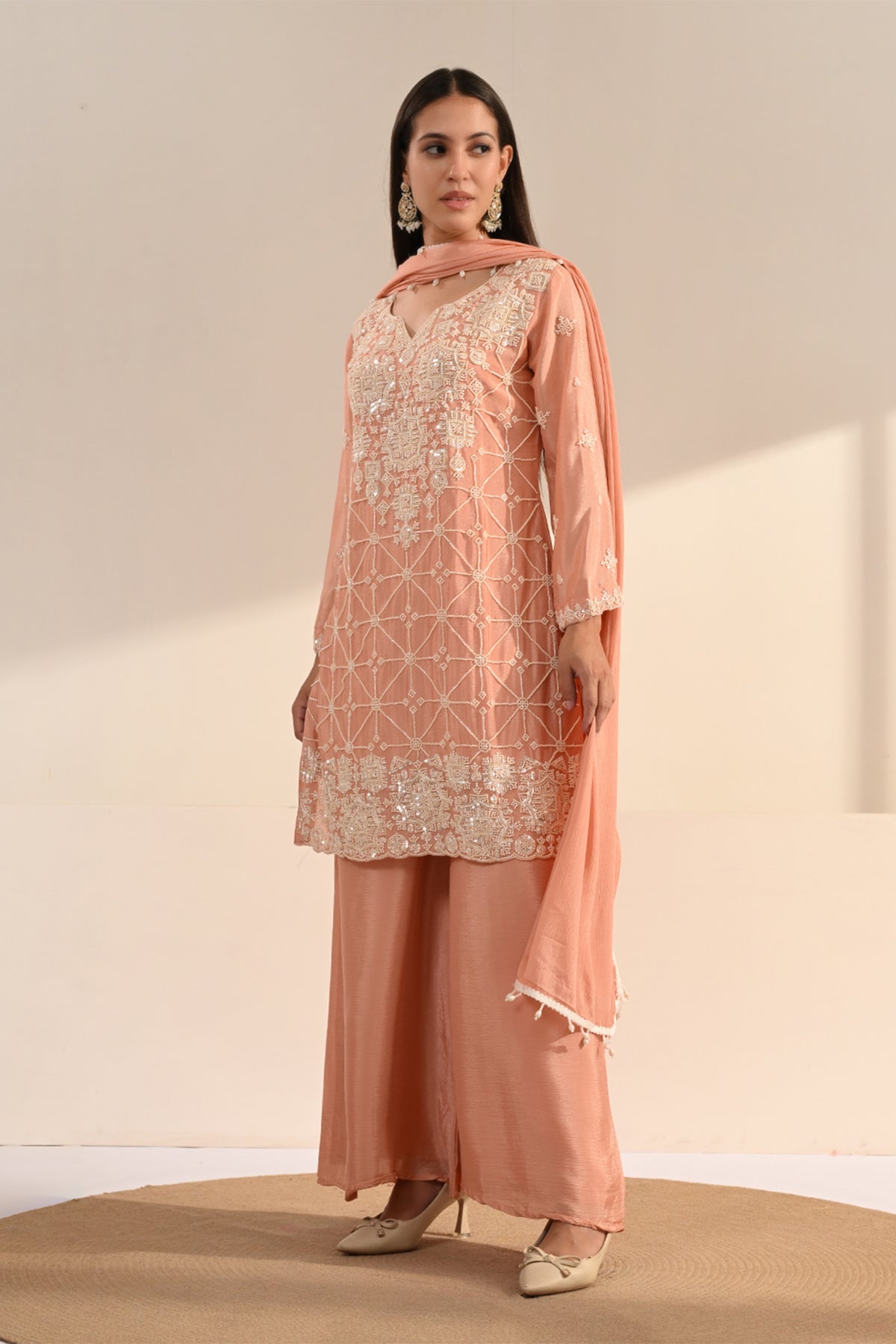 Peach Stone Embellished Chinon 3 Pcs Kurta Set