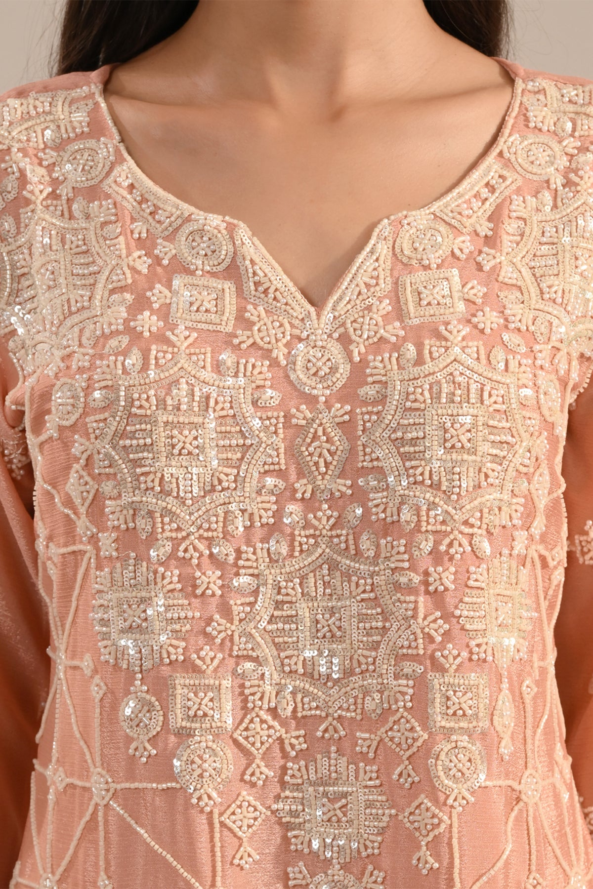 Peach Stone Embellished Chinon 3 Pcs Kurta Set