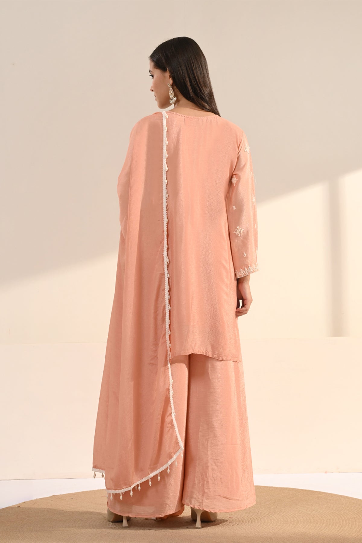 Peach Stone Embellished Chinon 3 Pcs Kurta Set