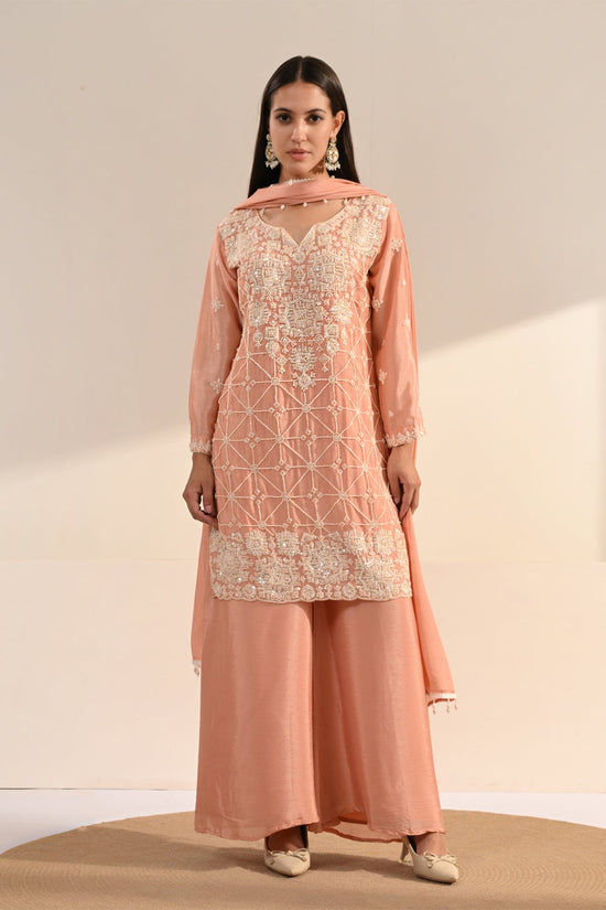 Peach Stone Embellished Chinon 3 Pcs Kurta Set