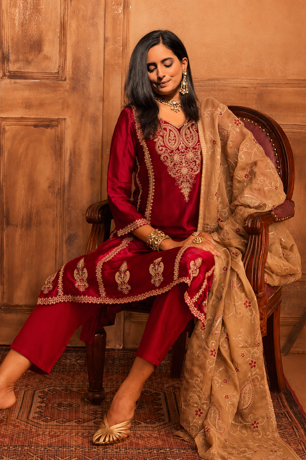 Maroon Embroidered Kurta 3 Pcs Set