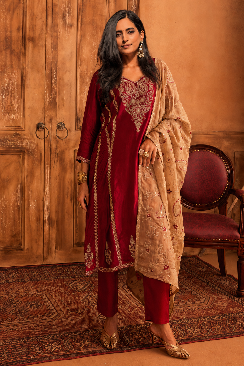 Maroon Embroidered Kurta 3 Pcs Set