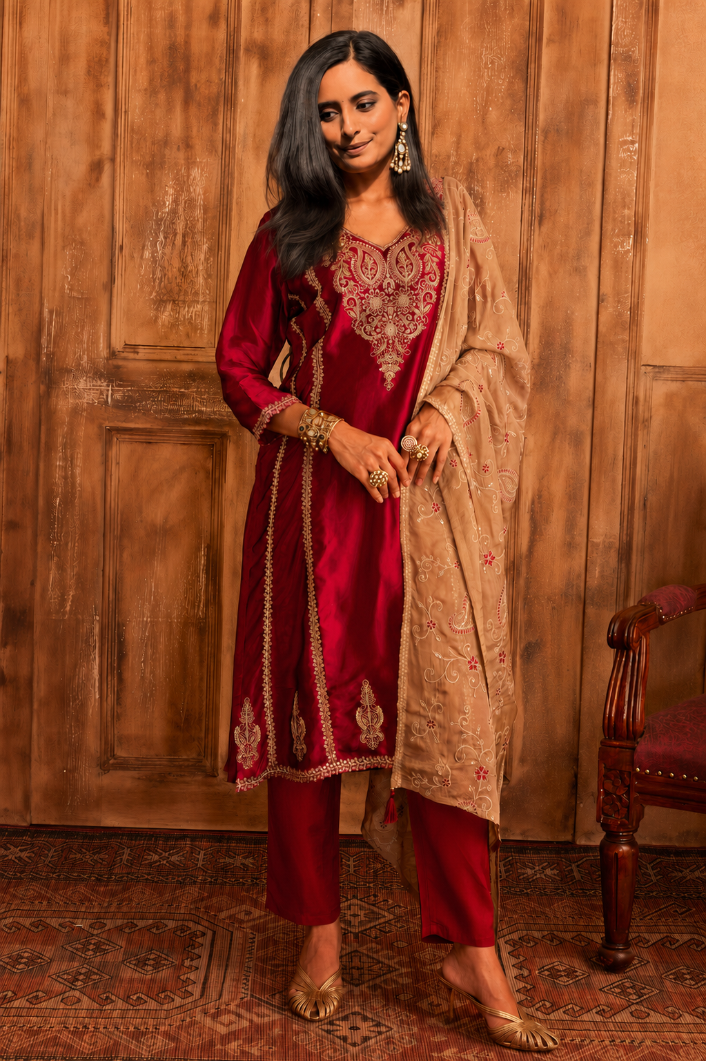 Maroon Embroidered Kurta 3 Pcs Set