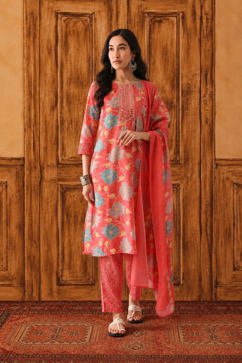 Peach Pink Printed Kurta Set(3 Piece)