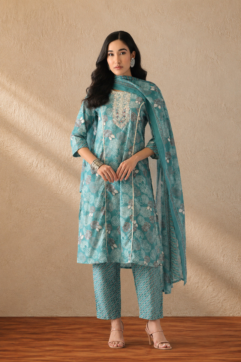 Rama Green Printed Kurta Set(3 Piece)