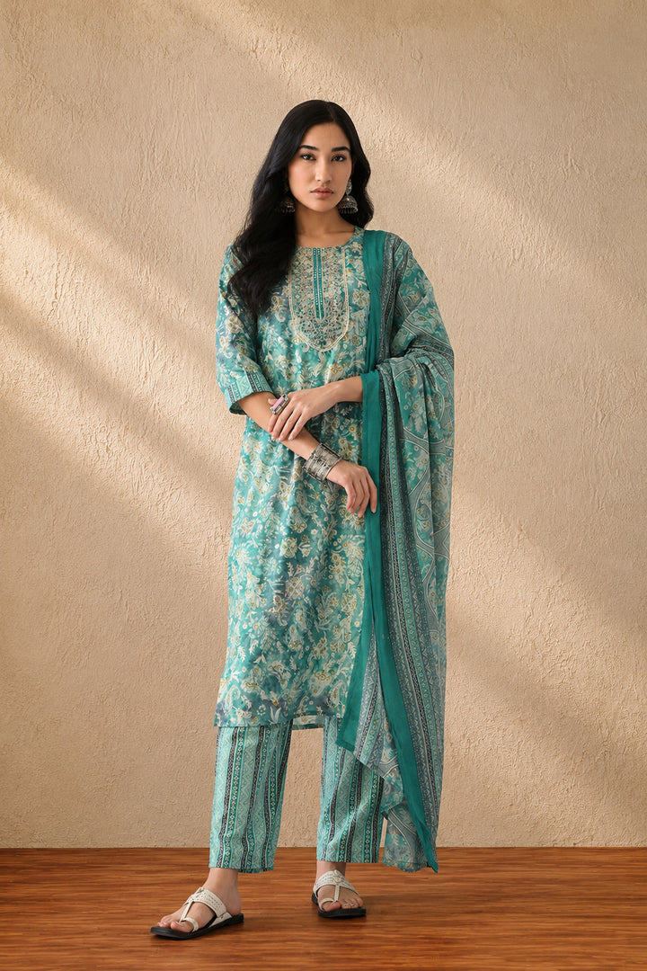 Green Printed Kurta Set(3 Piece)