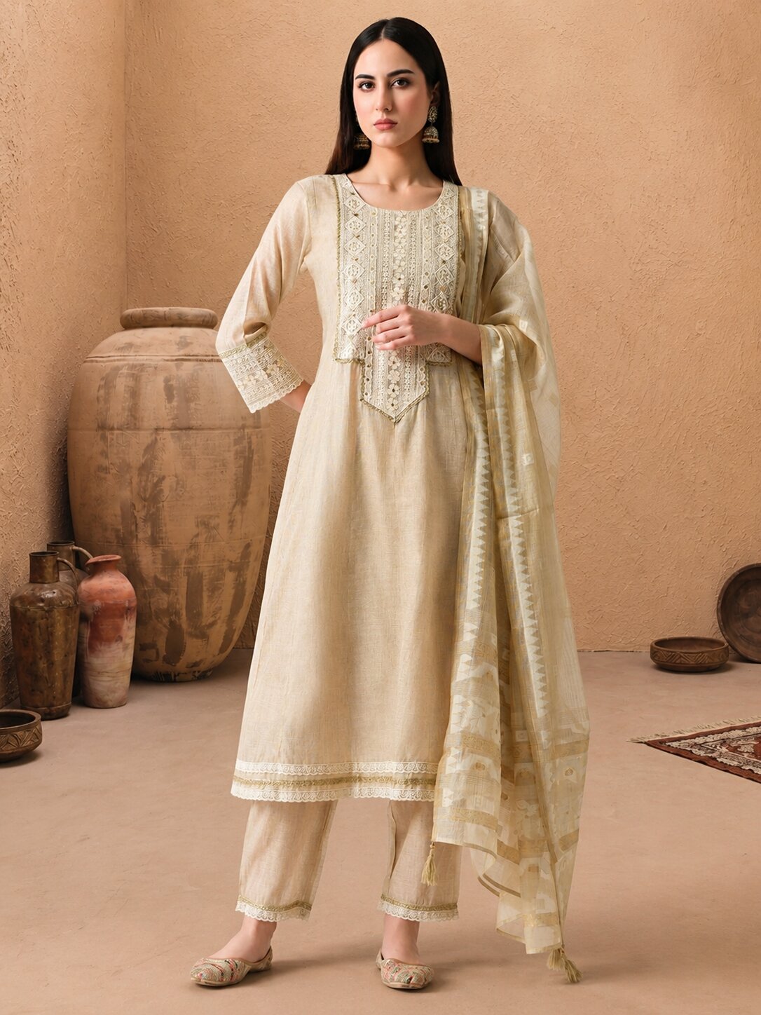 Cream Embellished Flared Kurta 3 Pcs Set