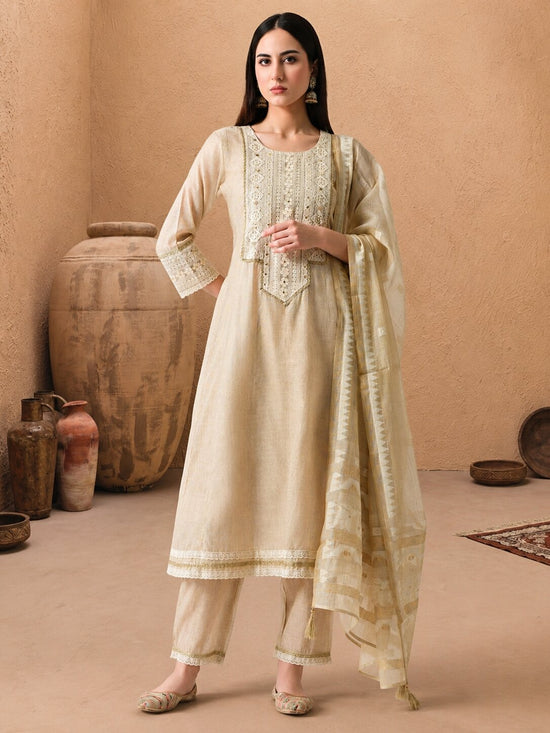 Cream Embellished Flared Kurta 3 Pcs Set