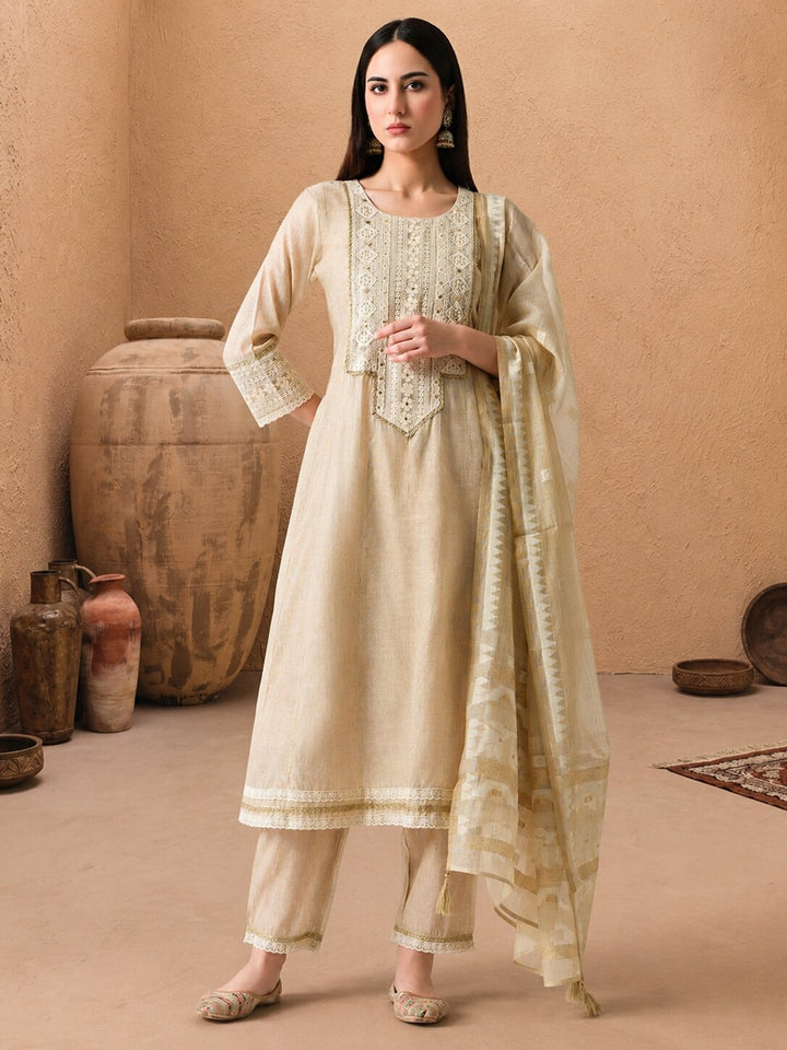 Cream Embellished Flared Kurta Set (3 Piece)