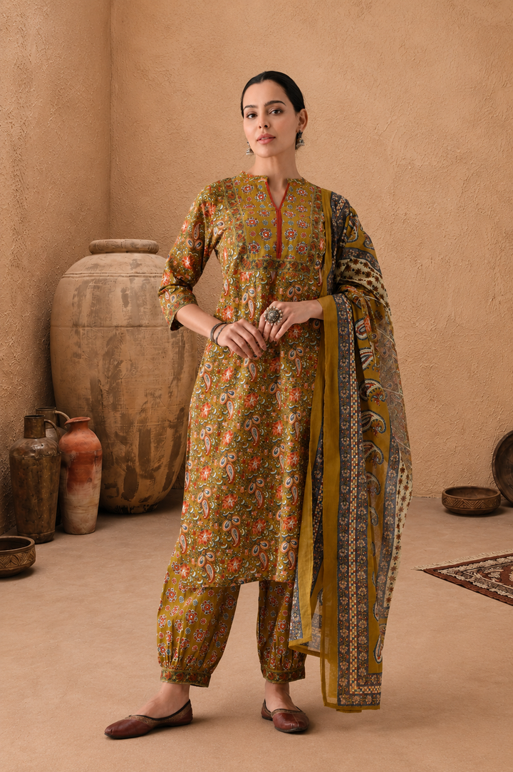 Green Paisley Printed Kurta Set (3 Piece)