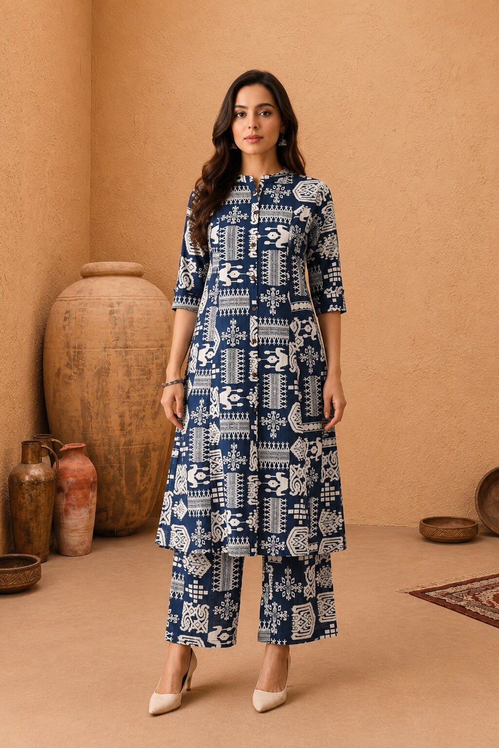 Navy Blue Abstract Printed Kurta Set  (2 Piece)