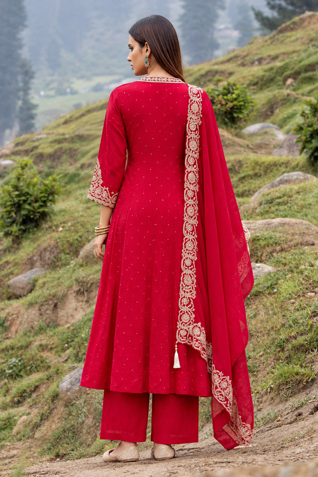 Pink A-line Stone Embellished Kurta 3 Pcs Set