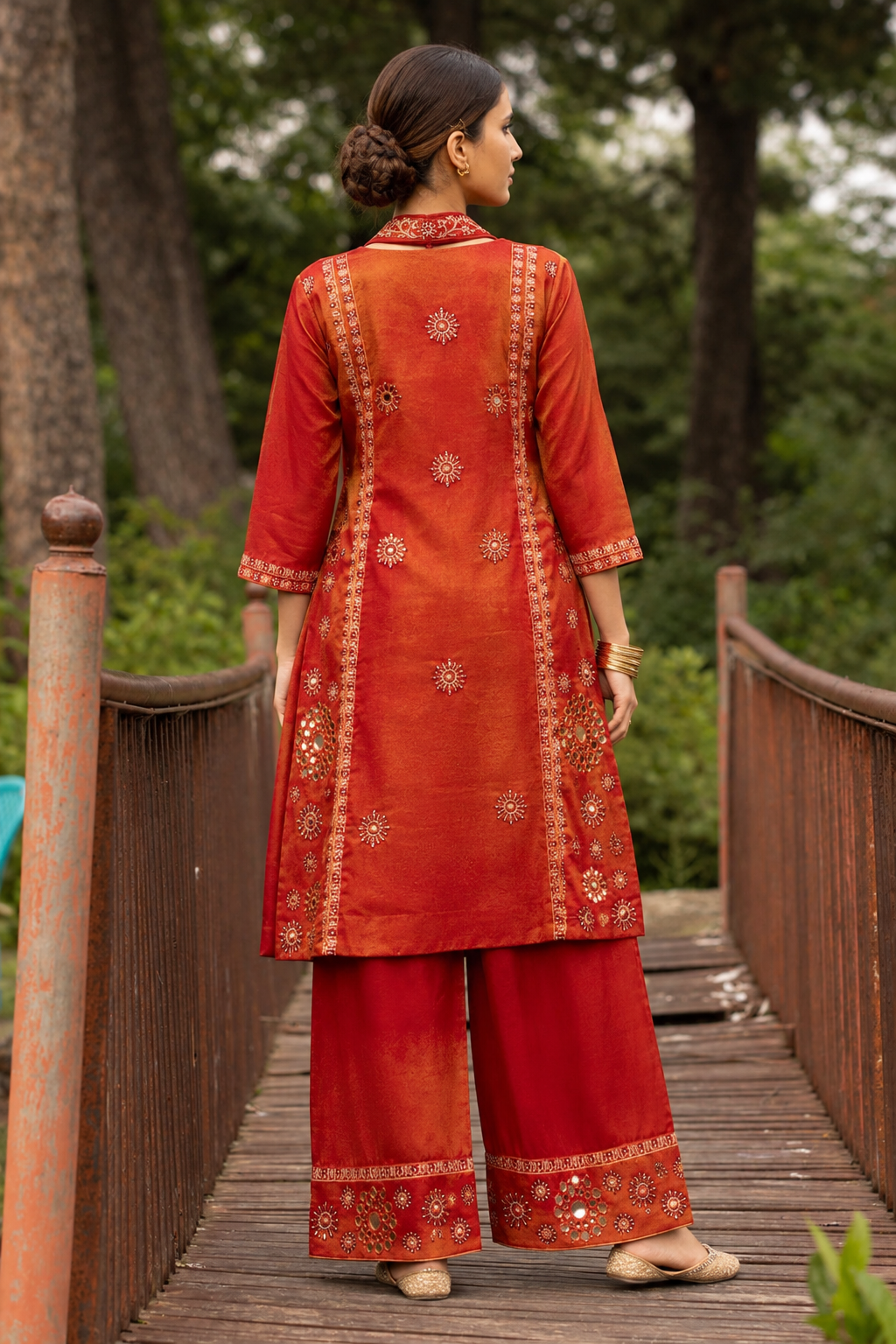 Rust A-line Embellished Kurta 3 Pcs Set