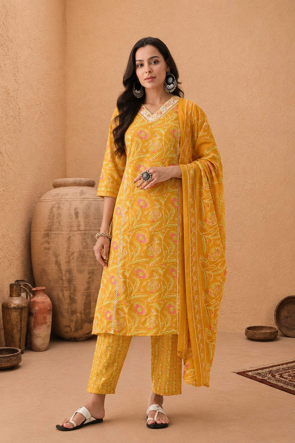 Yellow Floral Printed Kurta 3 Pcs Set