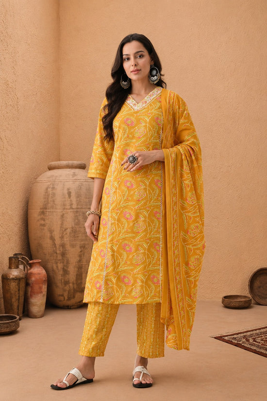 Yellow Floral Printed Kurta 3 Pcs Set