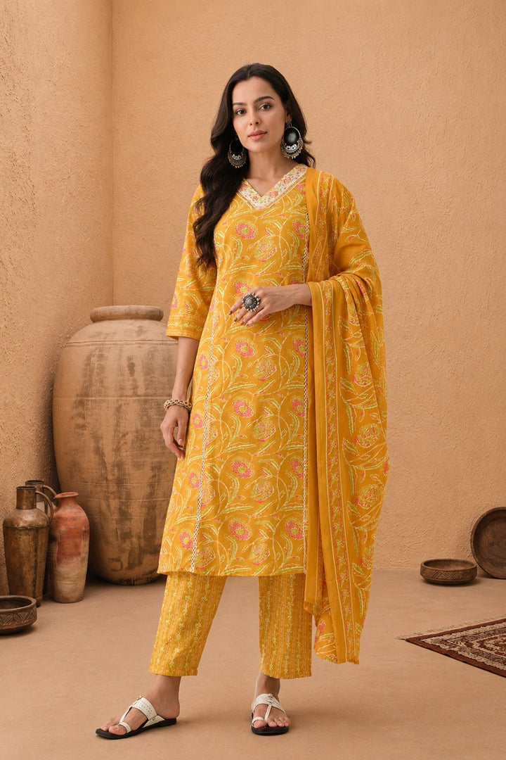 Yellow Floral Printed Kurta Set (3 Piece)