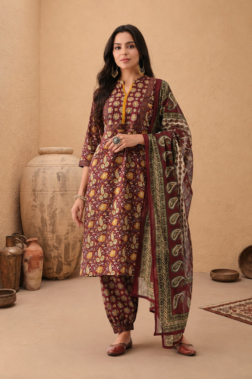 Rust Paisley Printed Kurta 3 Pcs Set