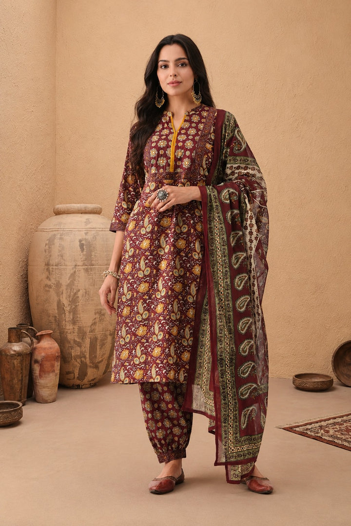 Rust Paisley Printed Kurta Set (3 Piece)