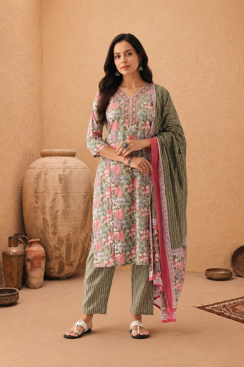Green Printed Kurta 3 Pcs Set