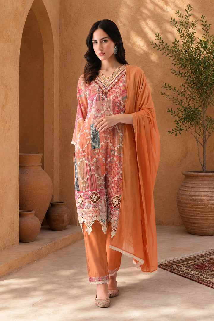 Multi Embroidered Straight Kurta Set (3 Piece)