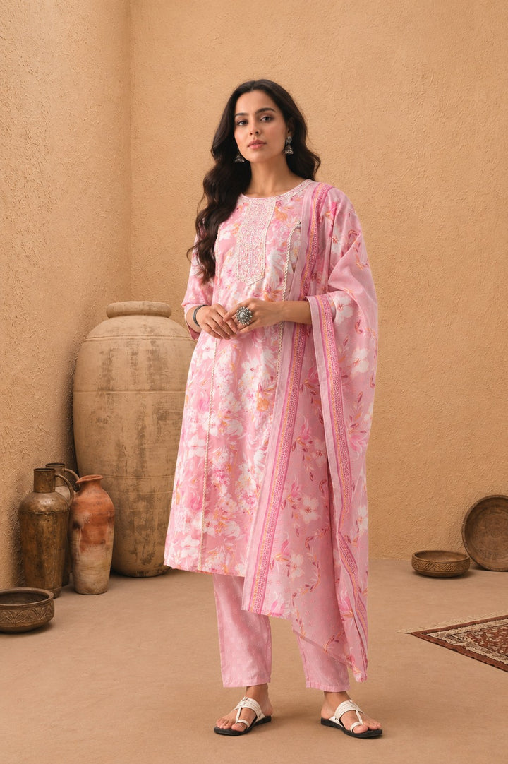 Light Pink Printed Kurta Set (3 Piece)