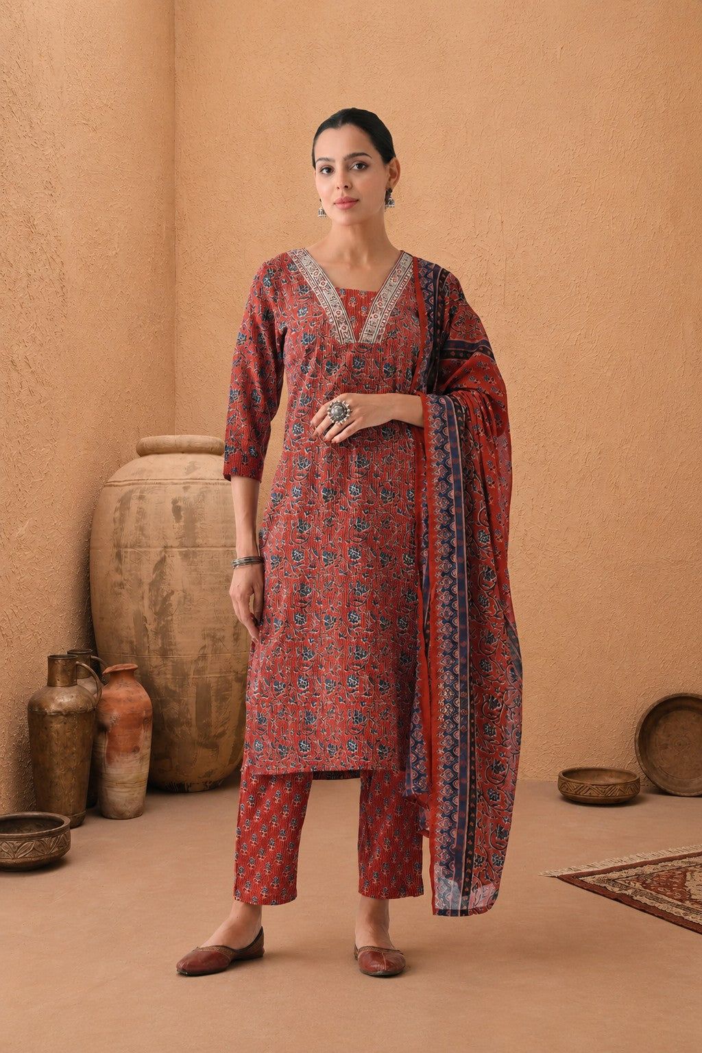 Rust Floral Printed Kurta 3 Pcs Set