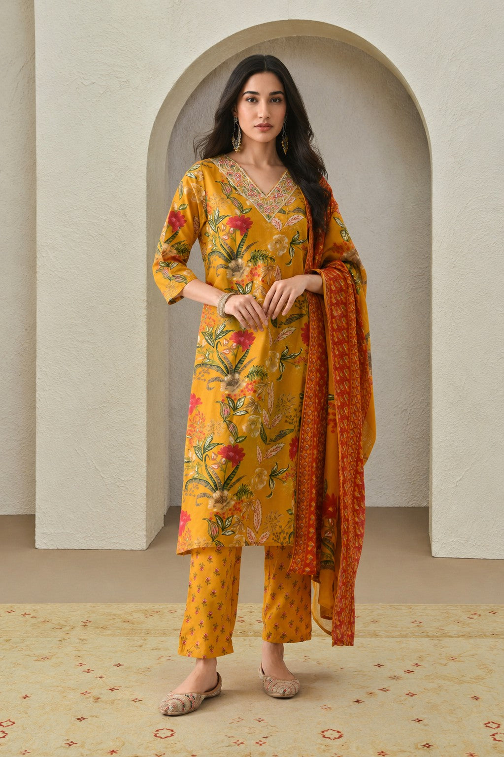 Mustard Printed Kurta Set(3 Piece)